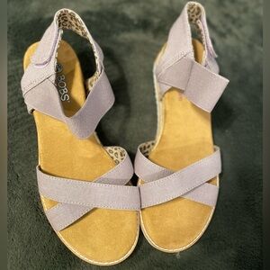 Bob’s from Skechers lavender sandals with leopard print lining.
